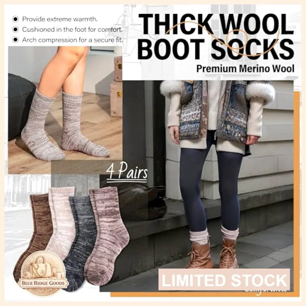 Merino Wool Hiking Socks Thermal Thick Winter Crew Cushioning Work Unisex